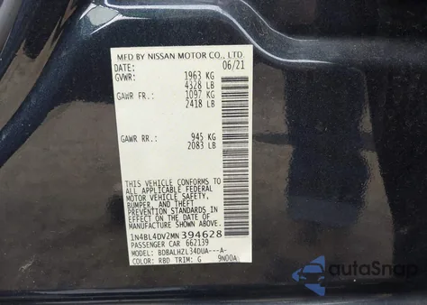 2021 Nissan Altima Sv Fwd from USA, damaged, VIN 1N4BL4DV2MN394628